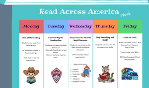 Weekly schedule for Read Across America with themed activities.