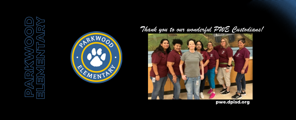 Group of Parkwood Elementary custodians posing for a thank you photo next to their logo.