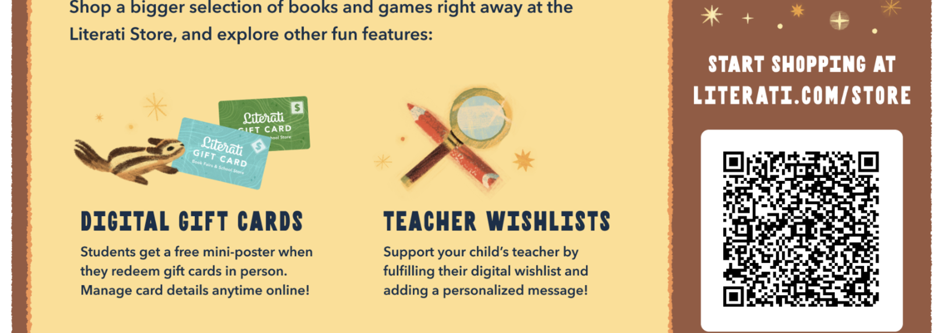 Promotional poster for an online fair featuring gift cards and teacher wishlists.