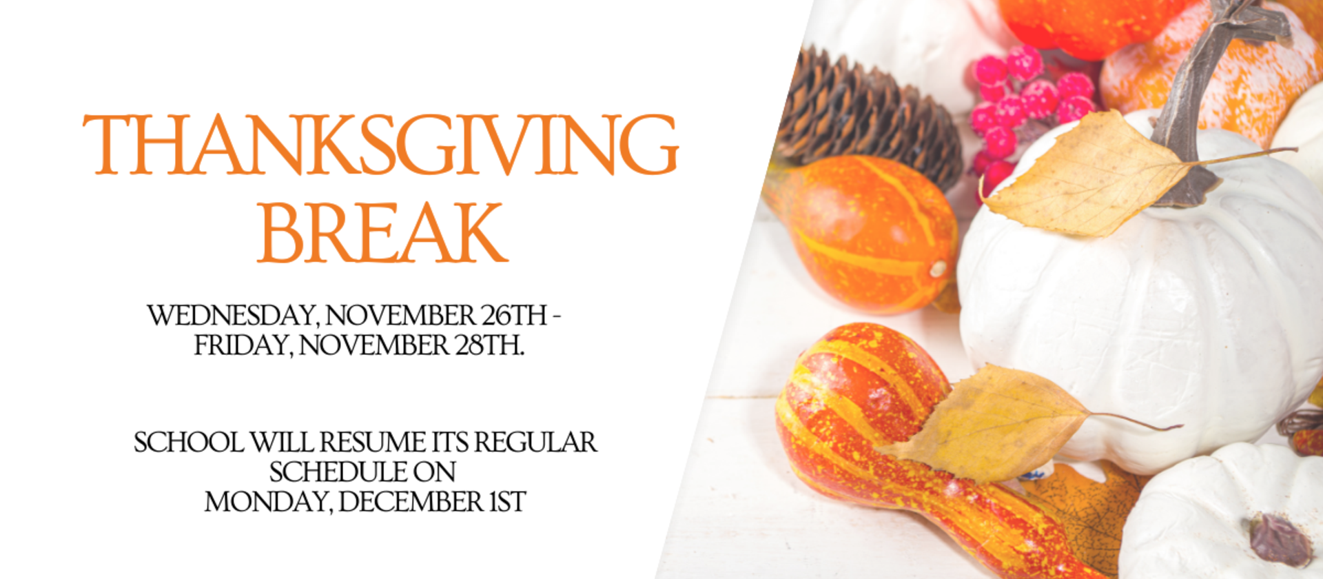Thanksgiving Break Nov 26 through Nov 18th Classes Resume Monday Dec 1st.