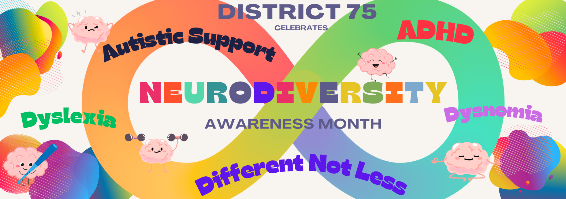 Colorful graphic promoting Neurodiversity Awareness Month with cute brain characters.