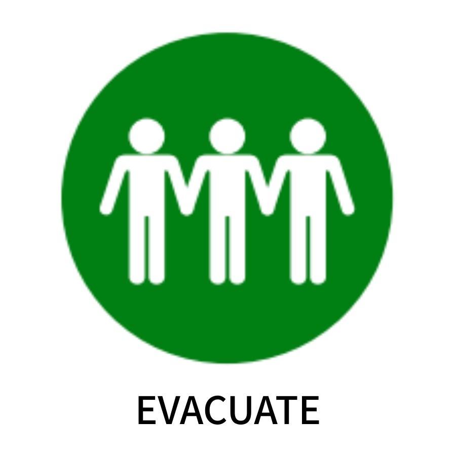 Three figures linked together inside a green circle with the word 'EVACUATE.'