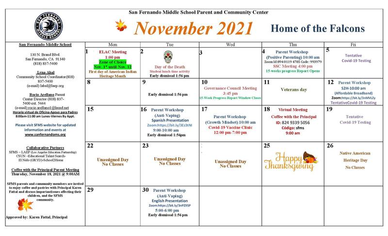 Parent Center November 2021 Calendar Featured Photo