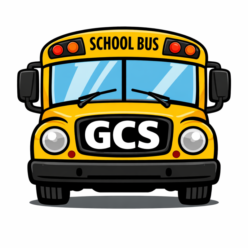 A cartoon-style yellow school bus with the text 'GCS' on the front.