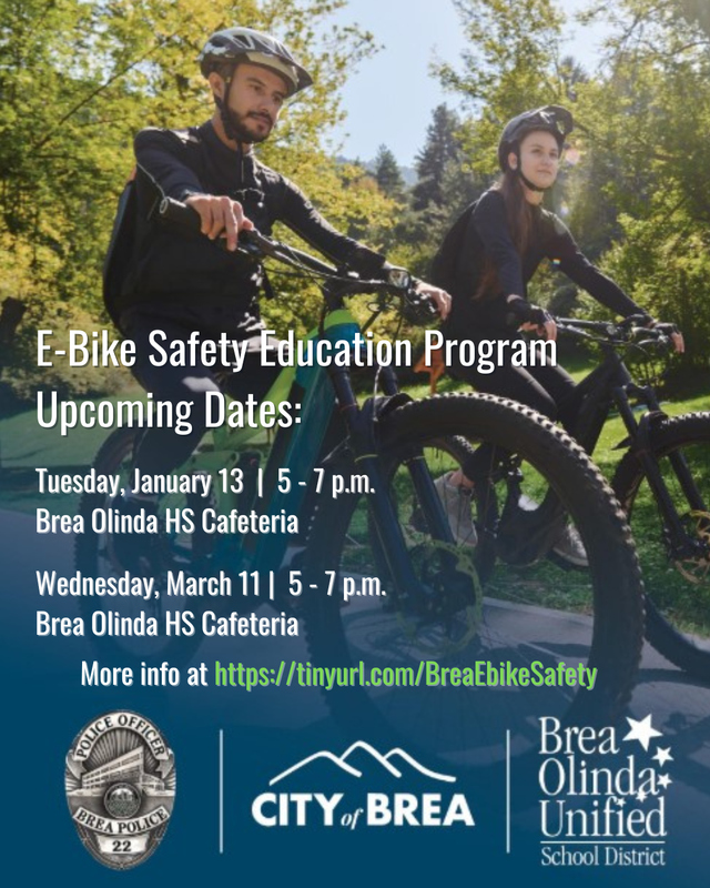 graphic designed flyer with a male and female riding bicycles. Text on the graphic has info about upcoming dates for e-bike safety classes