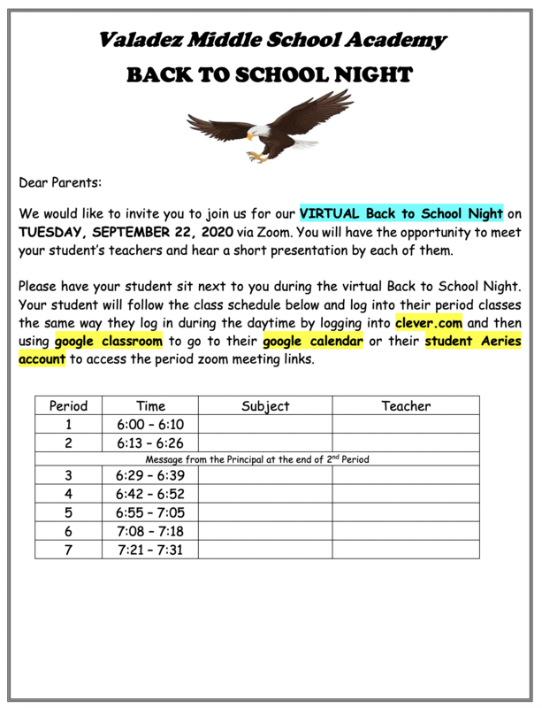 VIRTUAL BACK TO SCHOOL NIGHT