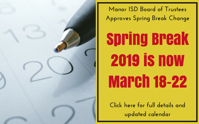 Manor ISD Board of Trustees approves changing Spring Break in 2019 to March 18-22 Thumbnail Image