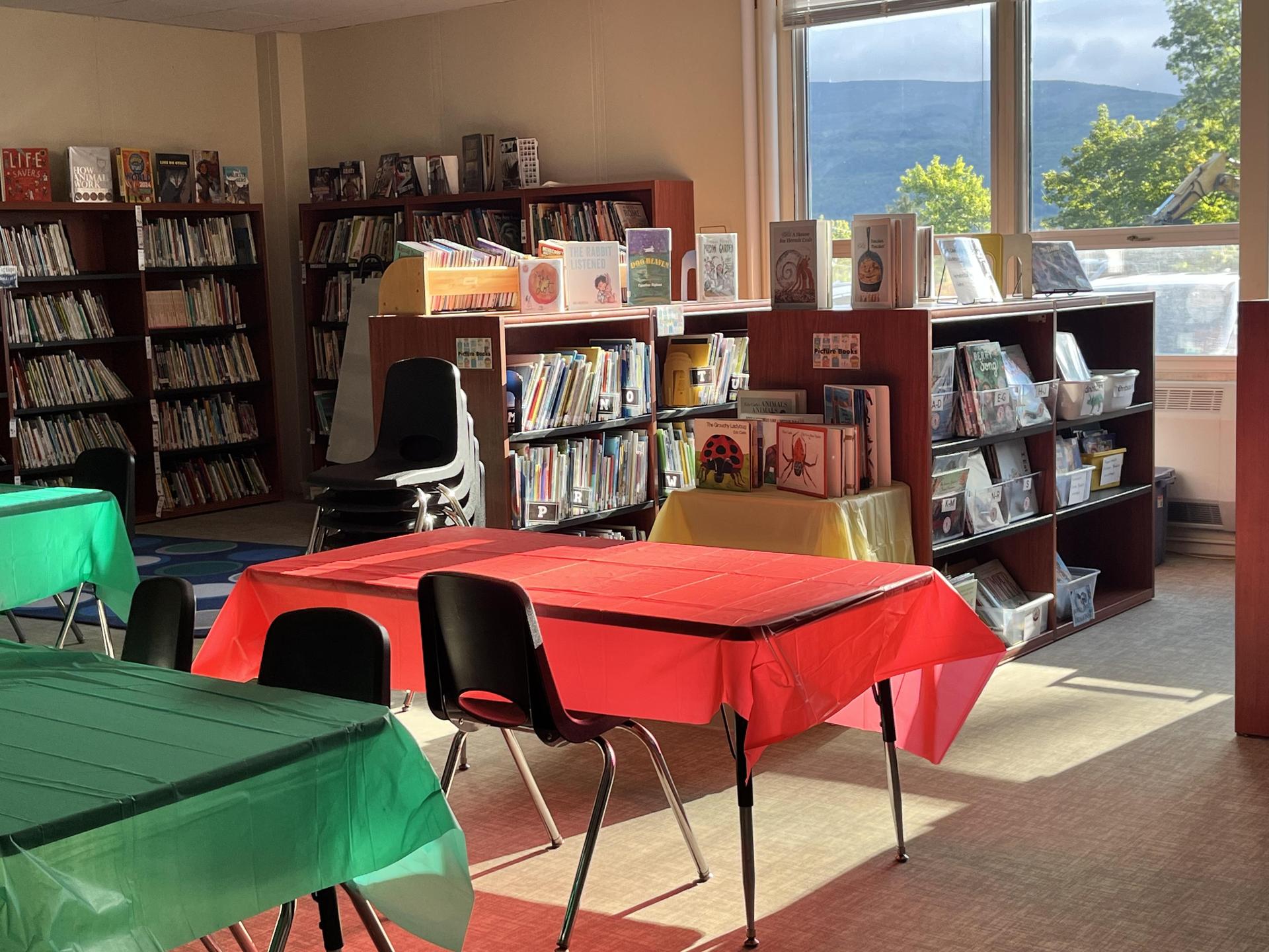 tables with bright tablecloths