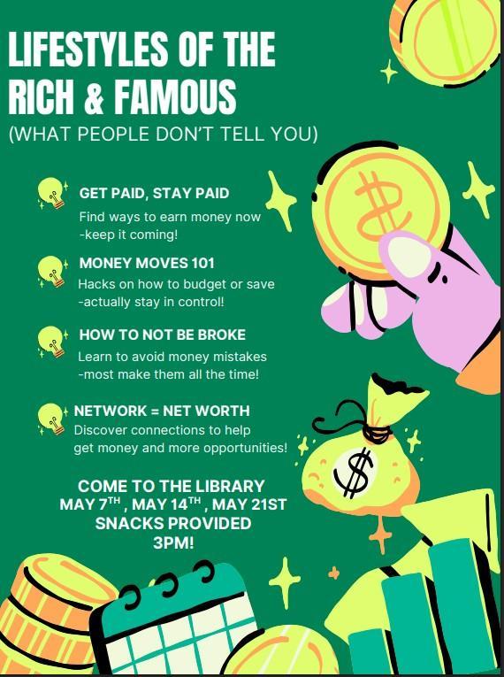 Promotional flyer for a financial workshop with vibrant background and money graphics.