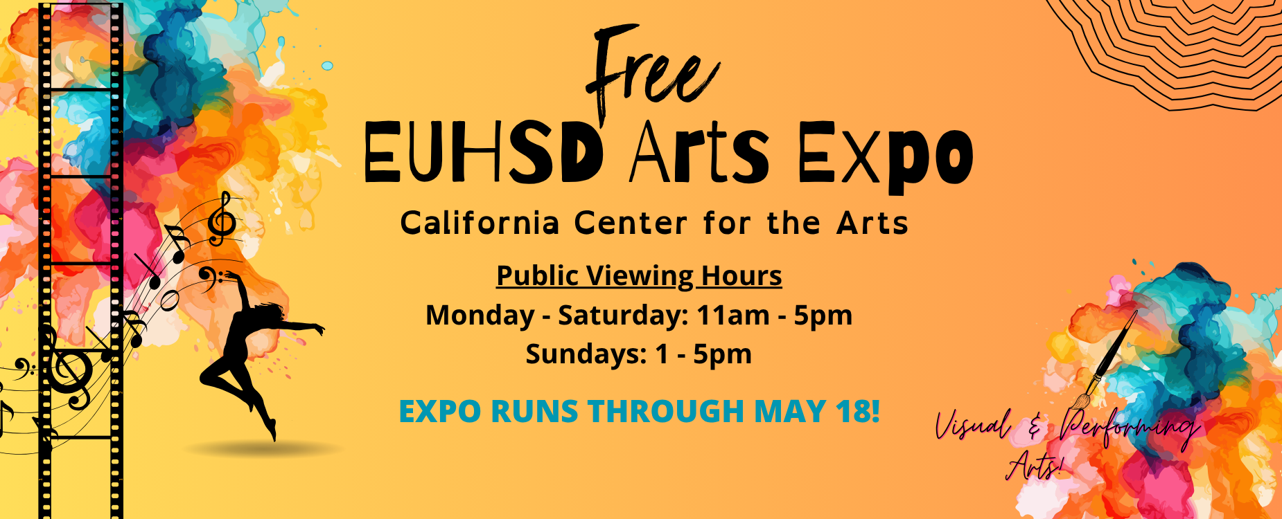 Free EUHSD Arts Expo at the California Center for the Arts. Public viewing hours are Monday through Saturday from 11:00 a.m. To 5:00 p.m. and Sundays from 1:00 p.m. To 5:00 p.m. Expo runs through May 18.