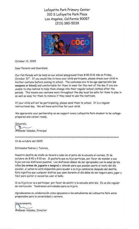 Fall Parade Letter/Carta para el Desfile de Otoño