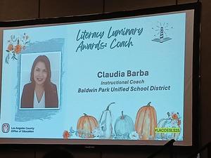 Claudia Barba announced as winner of the Literacy Luminary Award at the  2025 Los Angeles County Office of Education Literacy Symposium.