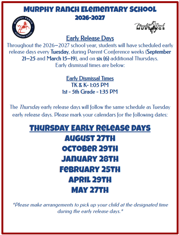 Image of the 2026-2027 Early Release Thursday Dates