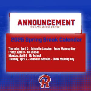 2026 Spring Break Calendar Thursday, April 2 - School In Session - Snow Makeup Day  Friday, April 3 - No School  Monday, April 6 - No School  Tuesday, April 7 - School In Session - Snow Makeup Day