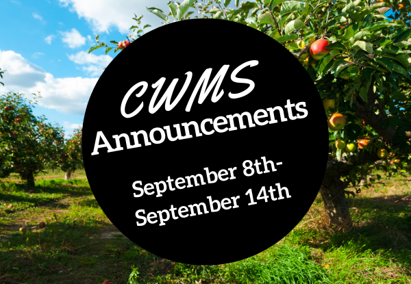 Black circle with white text overlaid on an orchard, announcing dates.