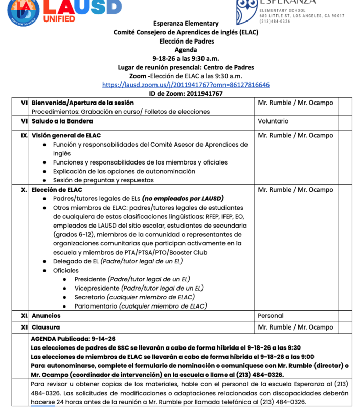 ELAC Elections/ Comité Consejero de Aprendices de inglés (ELAC)   Elección de Padres