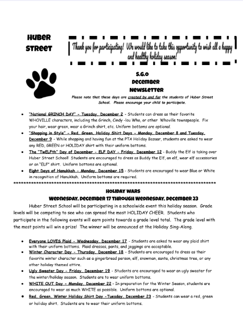 SGO December Newletters & Dress Down Days