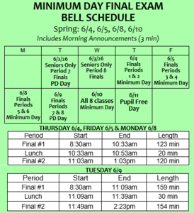 Finals Bell schedule June 4 to June 9