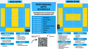 Schedule for Performing Arts outdoor stage with time slots and activities listed.