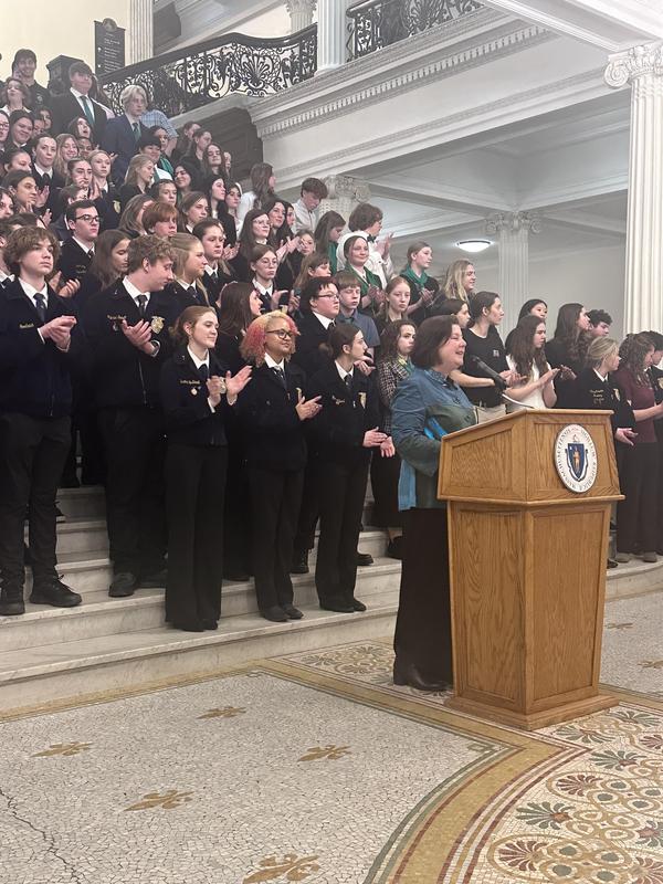 Sen. Jo Comerford addresses FFA and 4H members at the State Housee