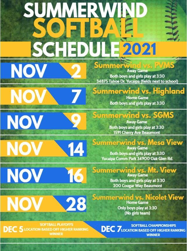 Softball Schedule Summerwind Trails School