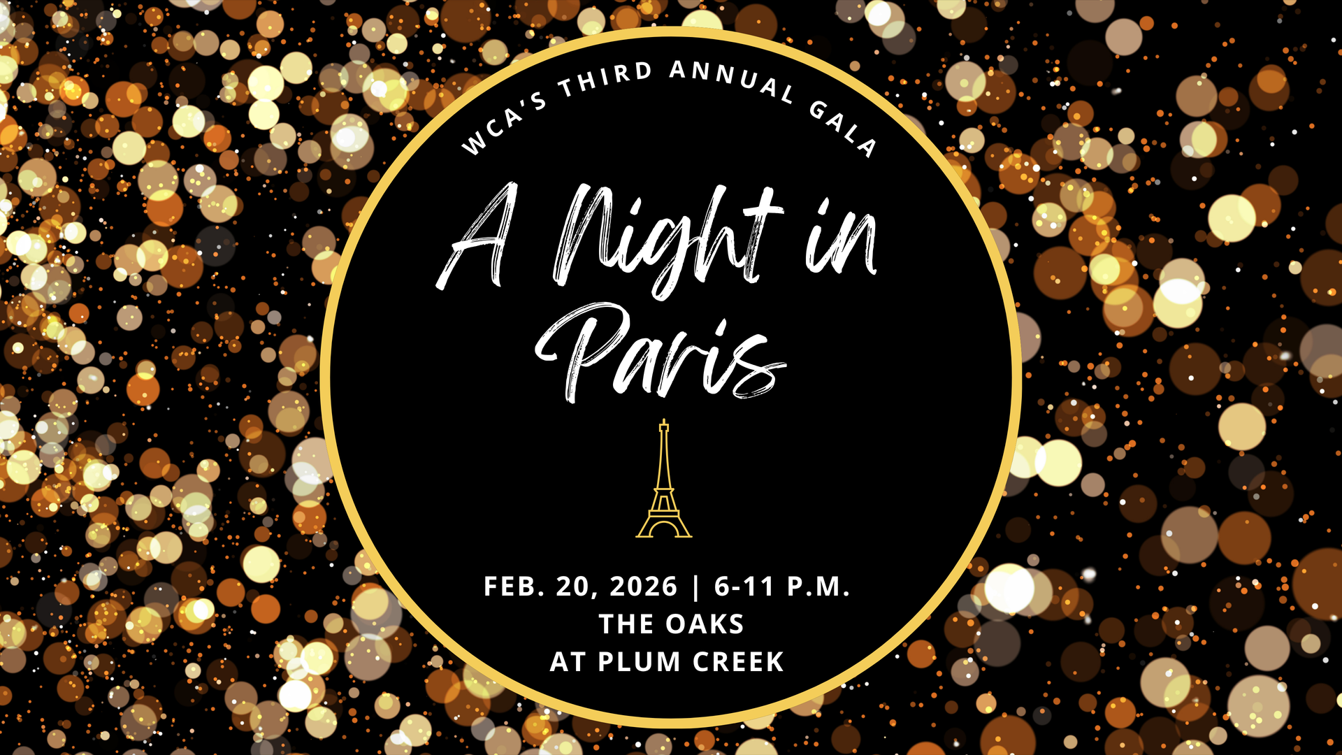 A Night in Paris, Feb. 20, 2026, at The Oaks at Plum Creek, gold and black design.