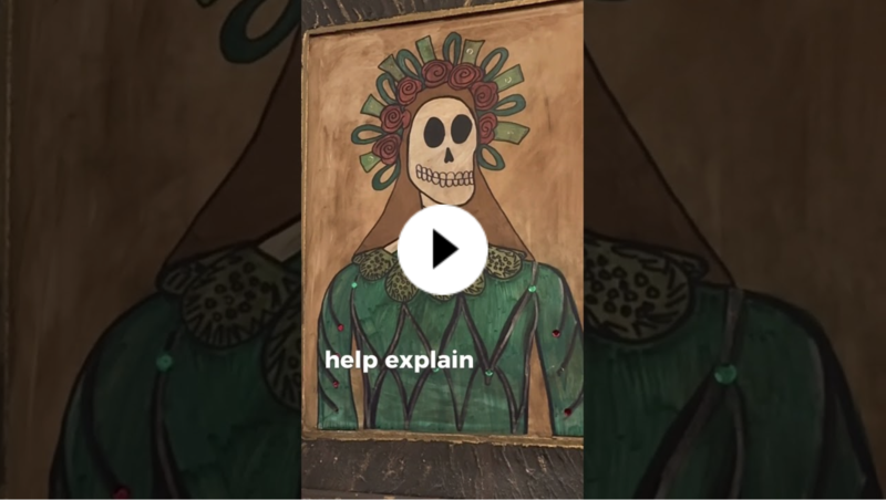 A portrait painting of a skeleton in a green dress, in a YouTube thumbnail.