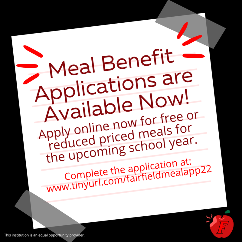 An announcement about Meal Benefit Applications Available for completion