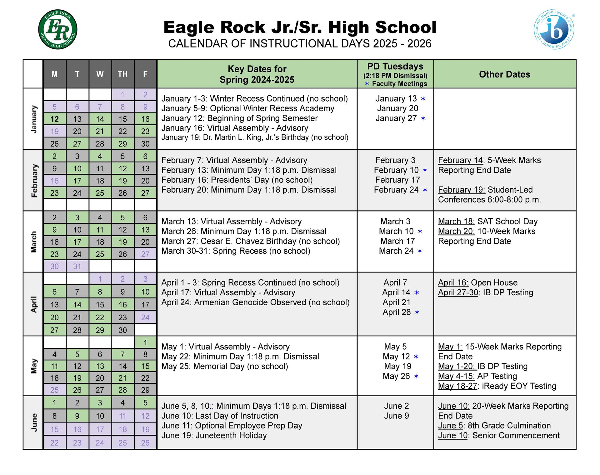 Calendar of instructional dates Spring