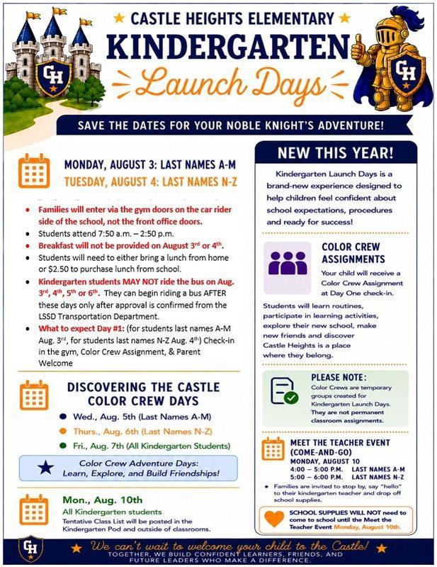 Kindergarten Launch Days Flyer info for parents with dates students attend 8/3 thru 8/10