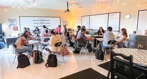 Students in groups working