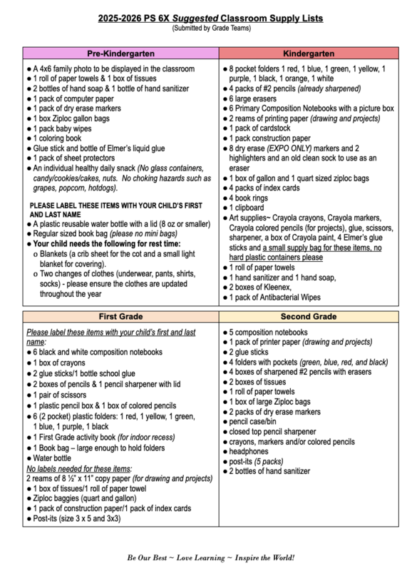 Suggested School Supply List For Students in Grades Pre-K through 2.