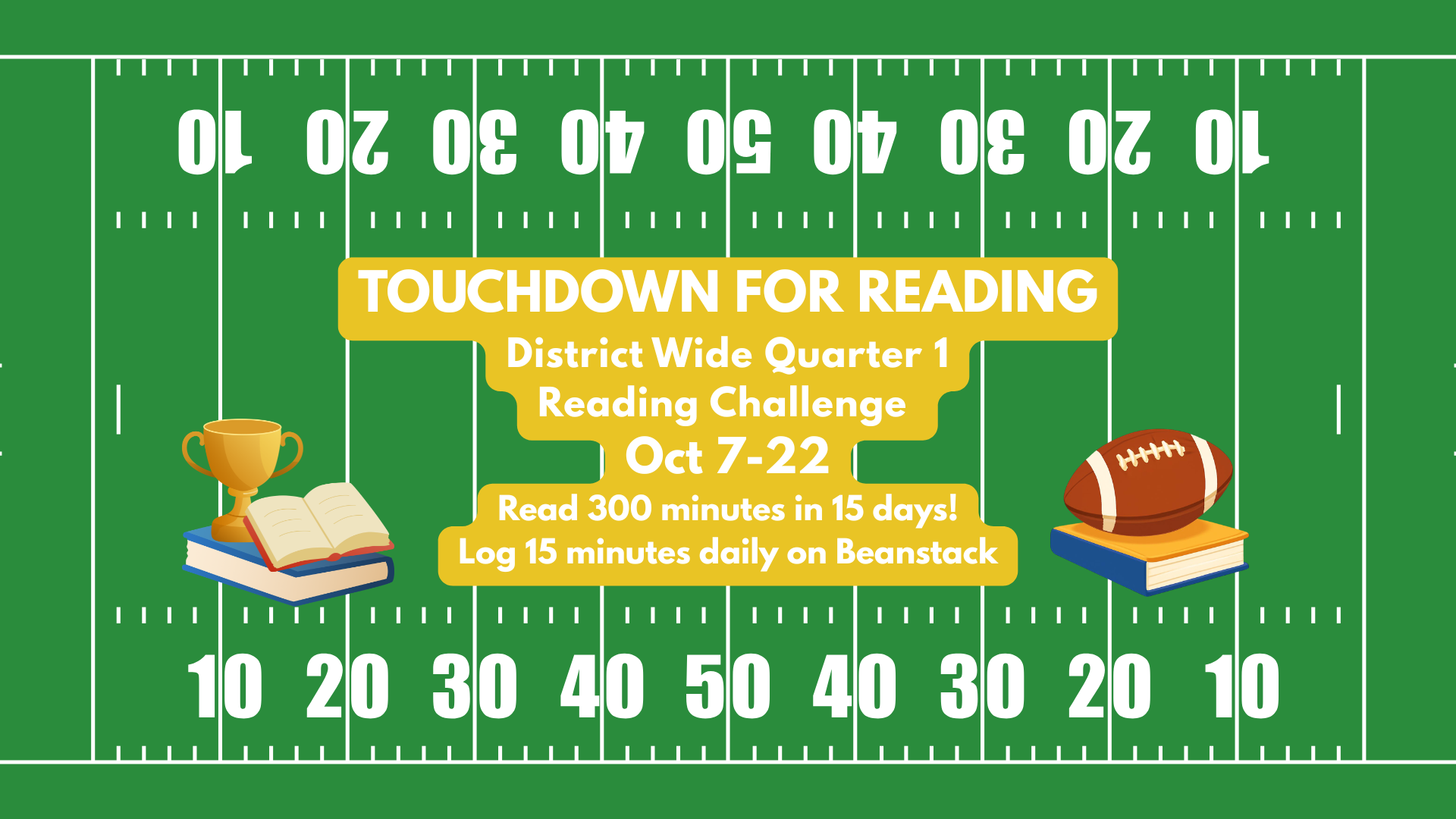 Green football field with reading challenge details in the center.
