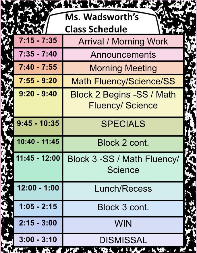 Ms. Wadsworth's Bell Schedule
