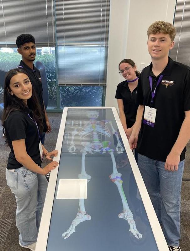 four students standing around a virtual skeleton in a rectangular display case