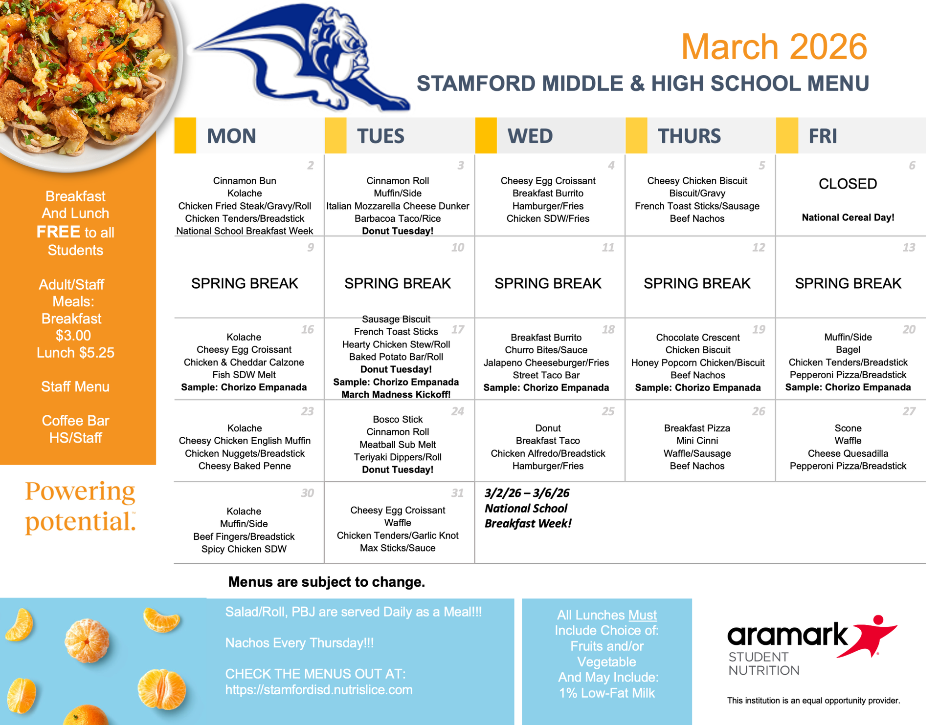 HS and MS March Menu 2026