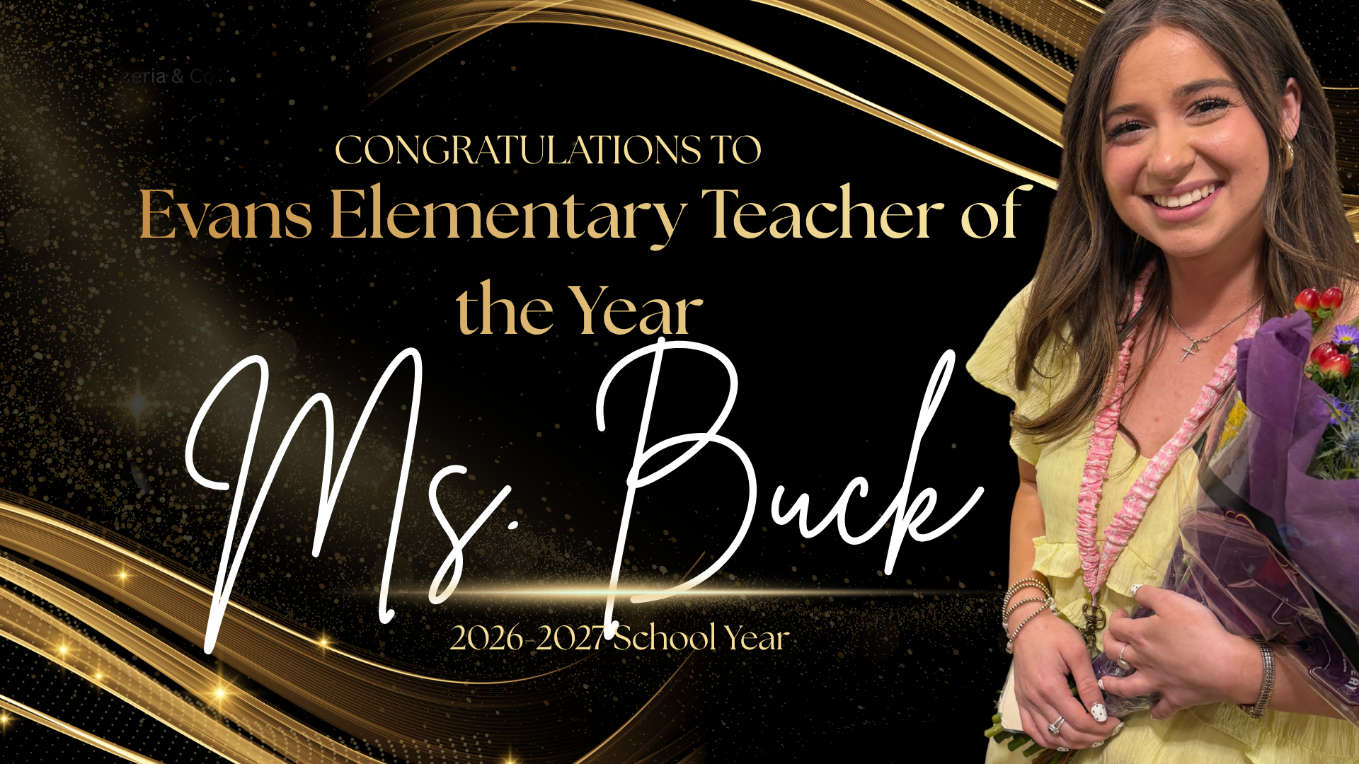 A woman holding flowers, celebrating as Teacher of the Year with text overlay.