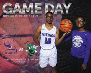 Two basketball players posing with a ball, promoting a game day event.