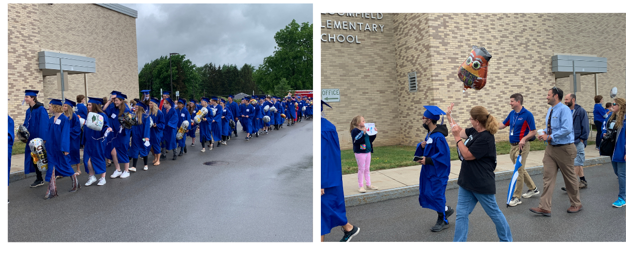 students in graduation cap and gown parade
