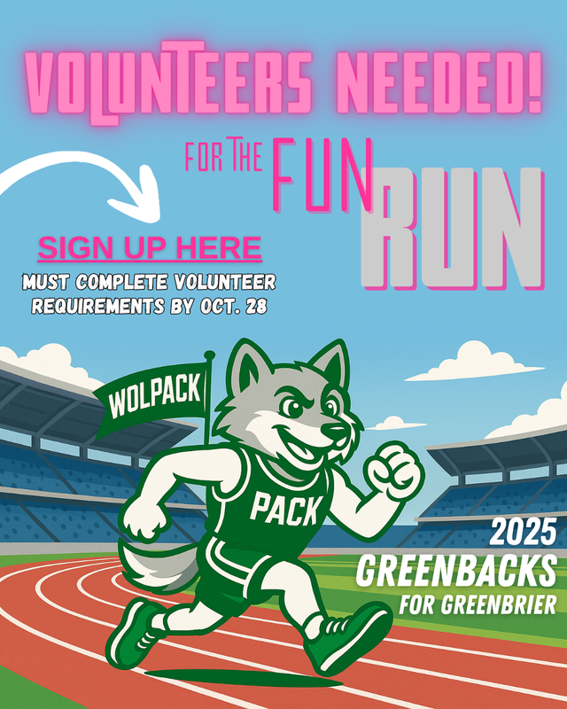 Announcement for volunteers for the fun run featuring a cartoon wolf mascot.