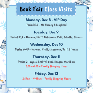 English classes will visit the book fair & family hours are 2-4 pm on Thursday and Friday
