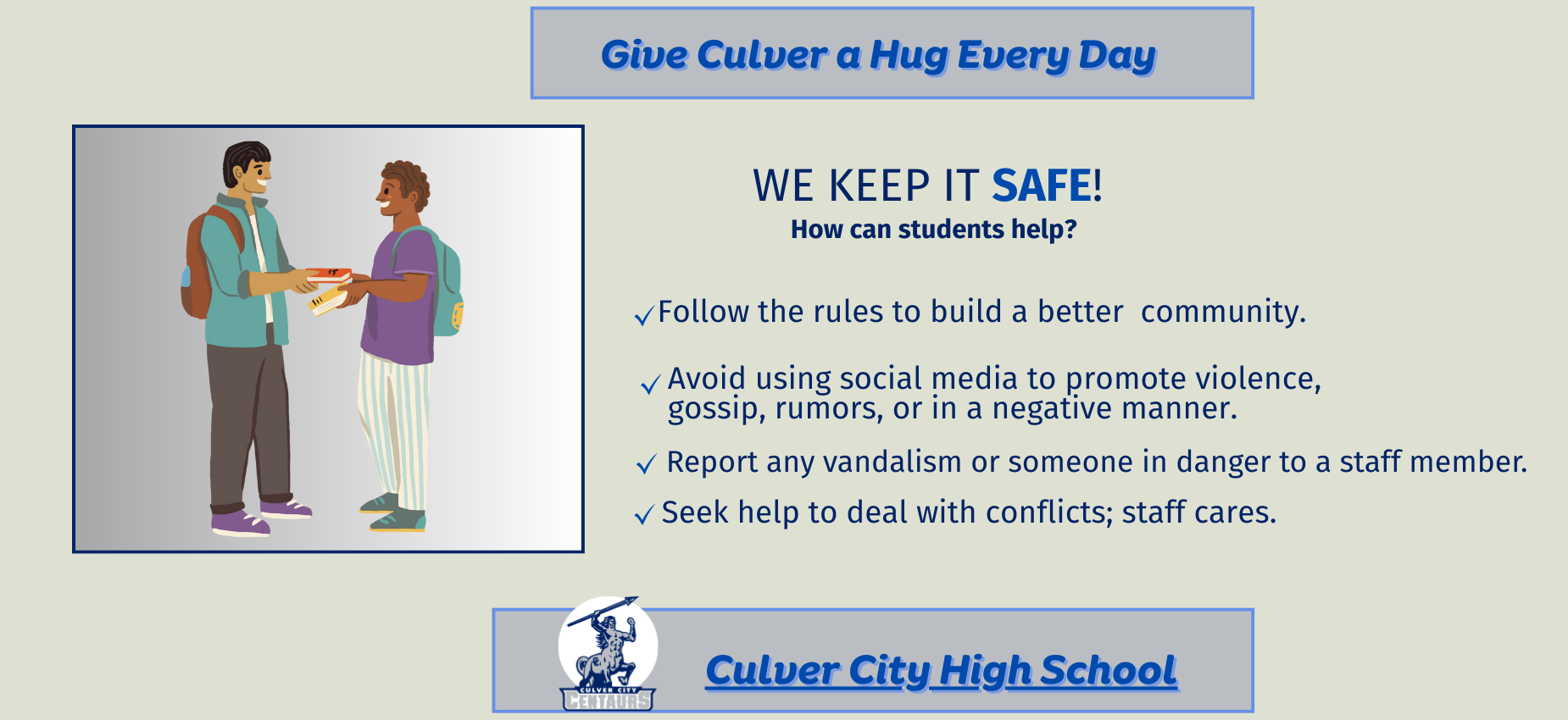 Two students exchanging a hug with safety guidelines for the school community.