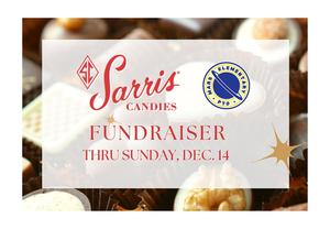 red text in a white block overtop of a picture of chocolates