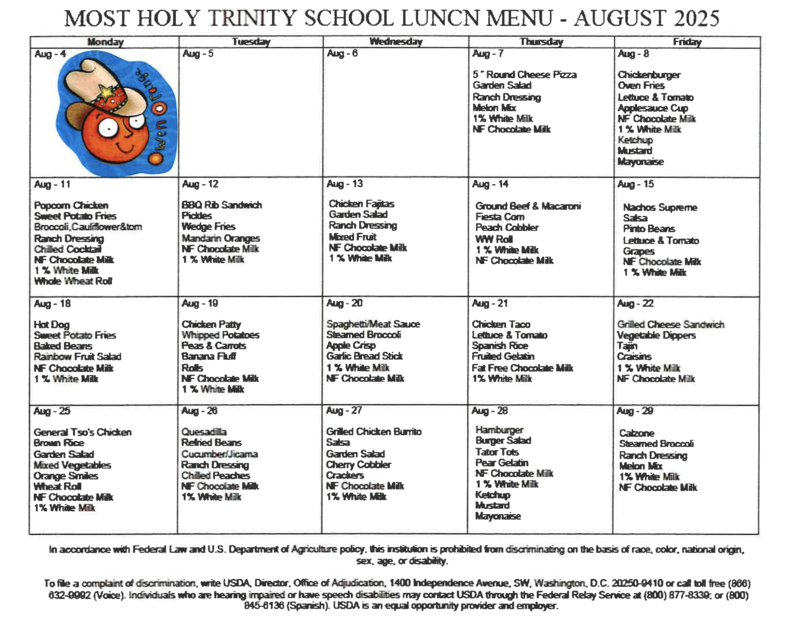 AUGUST LUNCH MENU Featured Photo