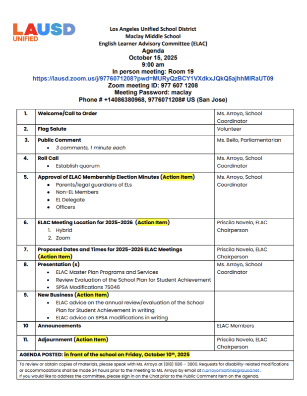 ELAC Meeting Agenda 10-15-25