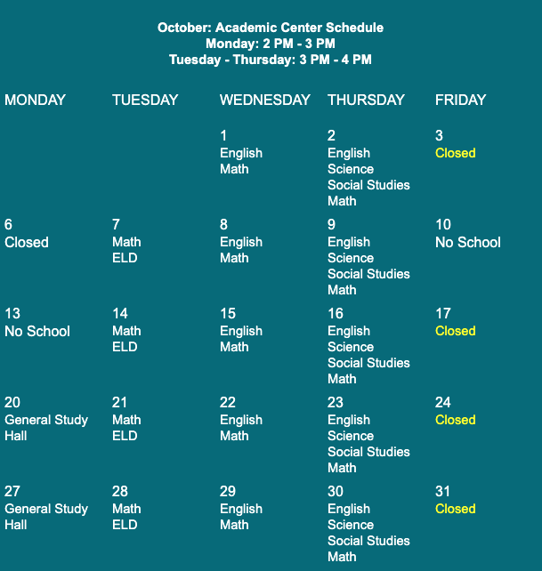October: Academic Center Schedule