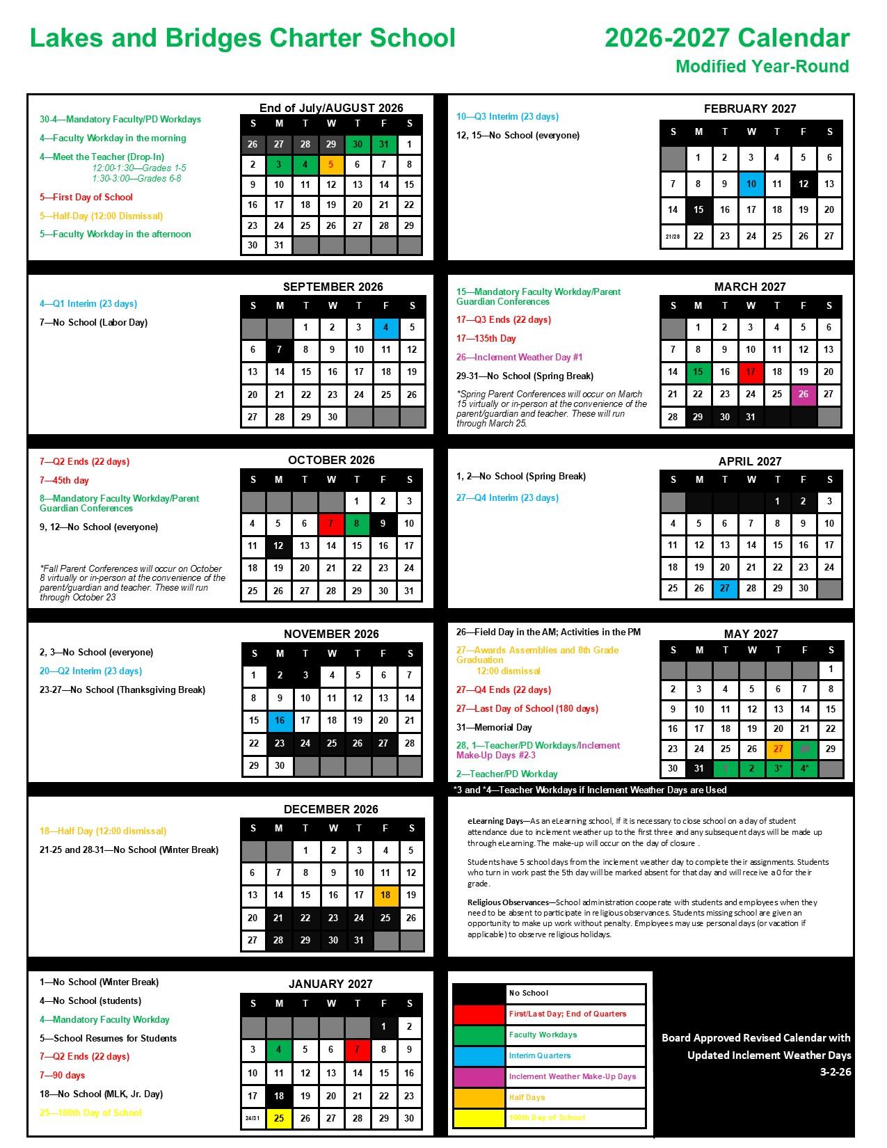 2026-2027 School Calendar - Board Approved Revised Calendar on 3-2-26