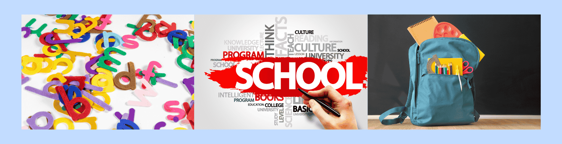 Collage of colorful letters, 'school' text, and a backpack with supplies.