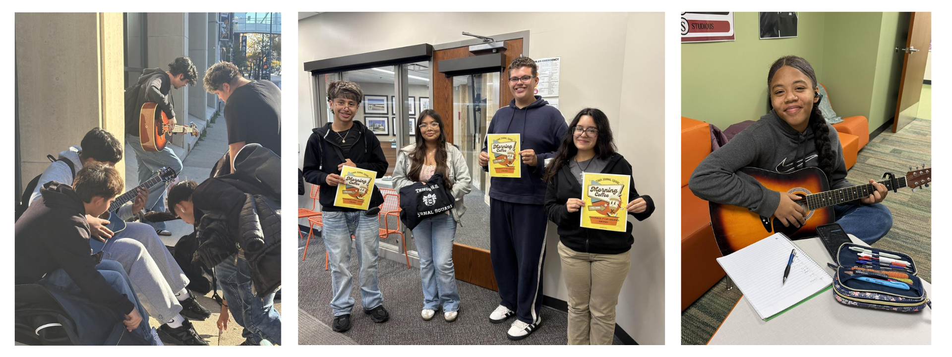 Students playing instruments in Music Club; other students holding flyers for coffee.