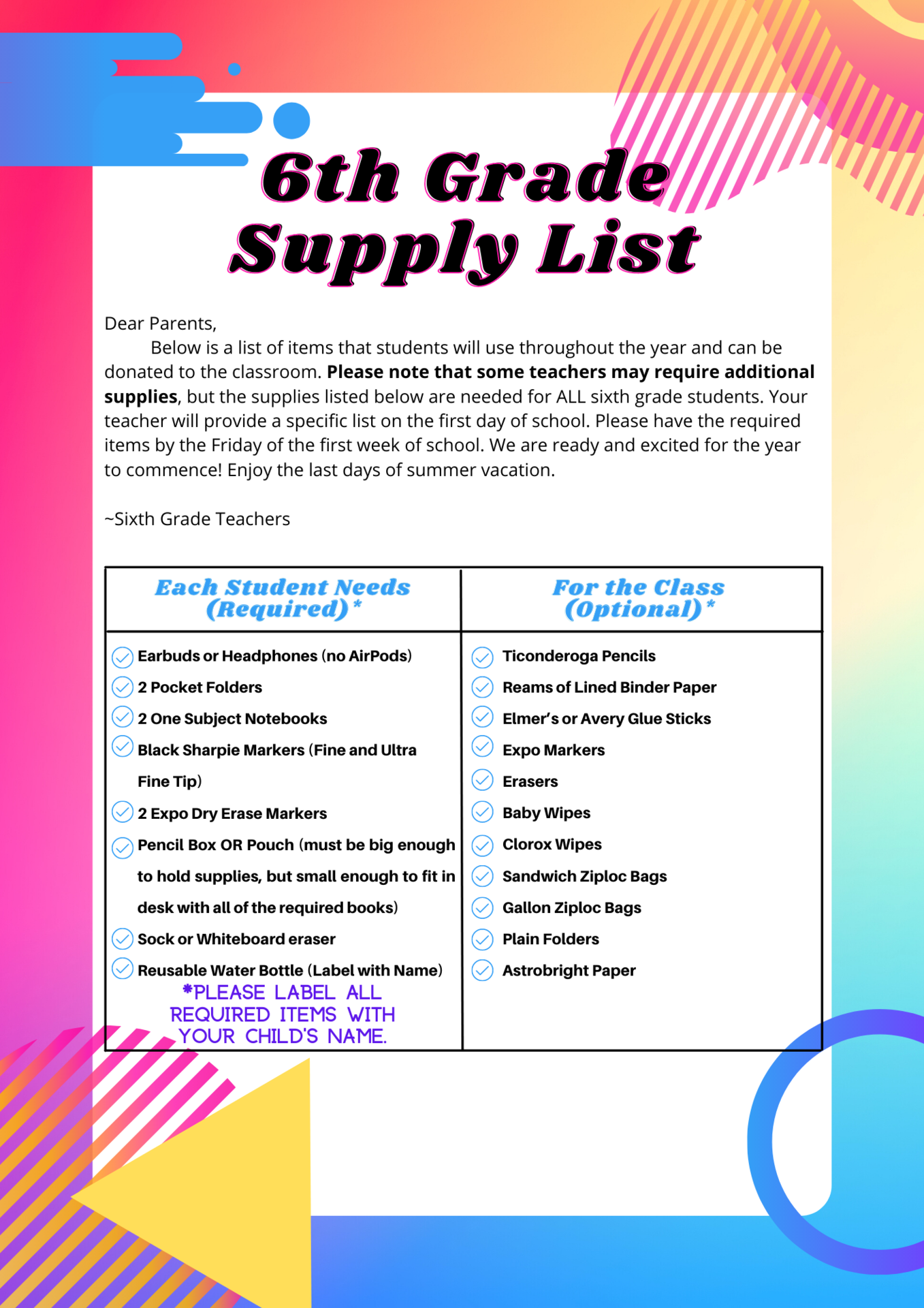 Supply List Mrs. Victoria Johnson Norris Elementary School